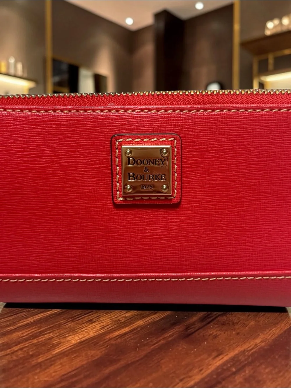 NWT Dooney & Bourke Red Saffiano Zip Leather Wristlet with Gold Logo